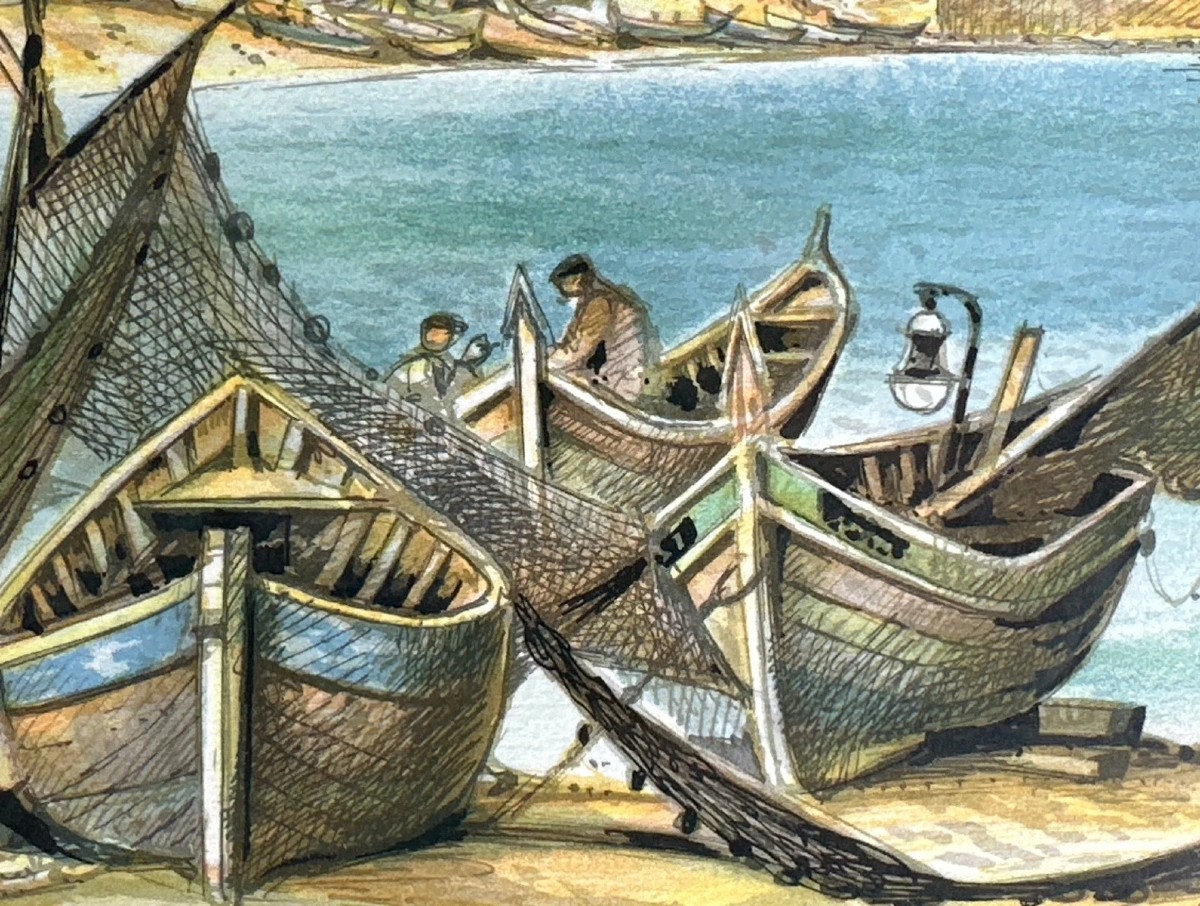 Duval Aquarelle  paysage vue de Collioure pêche au  lamparo  le séchage des filets 