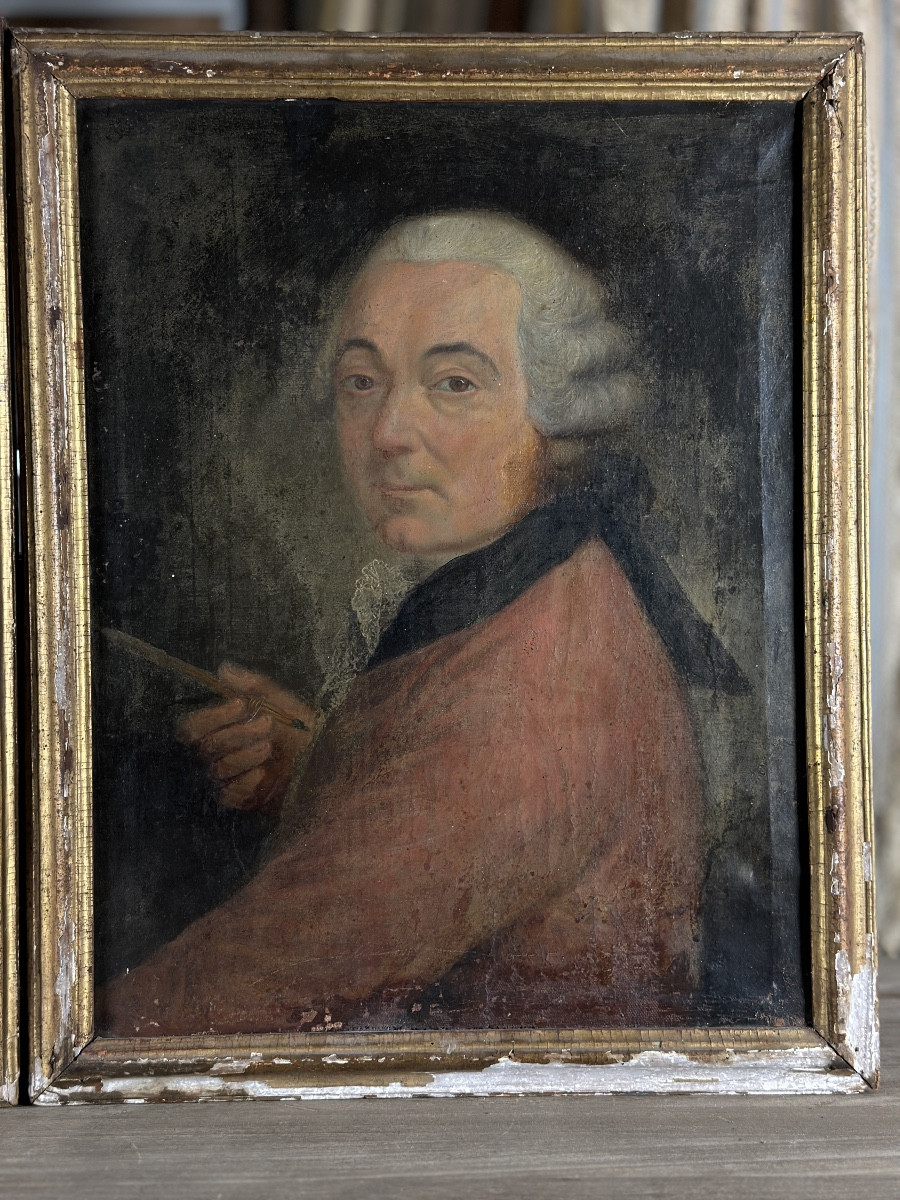 Tableau autoportrait peintre couple artiste Dame costume louis XVI 18e x 2 école Française -photo-2