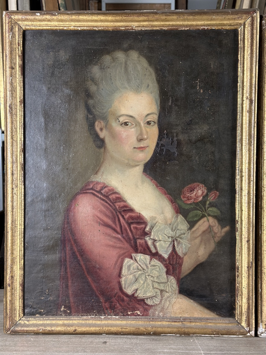 Tableau autoportrait peintre couple artiste Dame costume louis XVI 18e x 2 école Française -photo-3