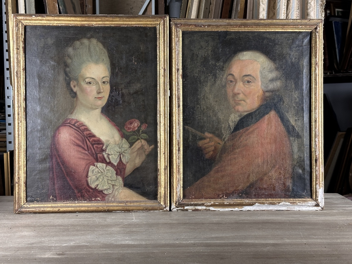Tableau autoportrait peintre couple artiste Dame costume louis XVI 18e x 2 école Française -photo-6