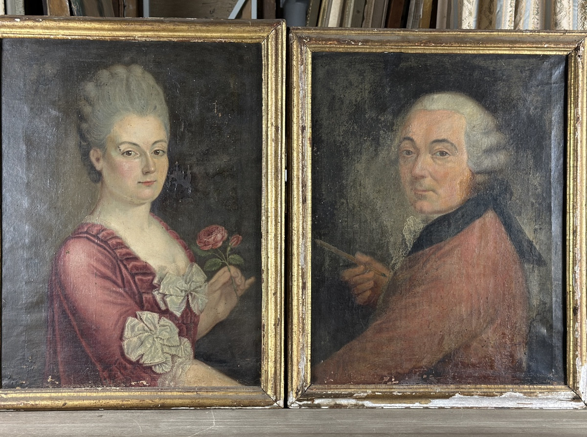 Tableau autoportrait peintre couple artiste Dame costume louis XVI 18e x 2 école Française 