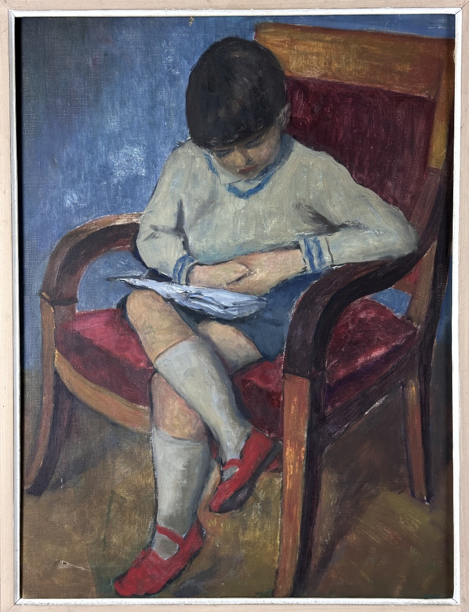 Georges Levy Tableau ancien portrait de petit garçon assis soulier rouge atelier enfant lecture-photo-2