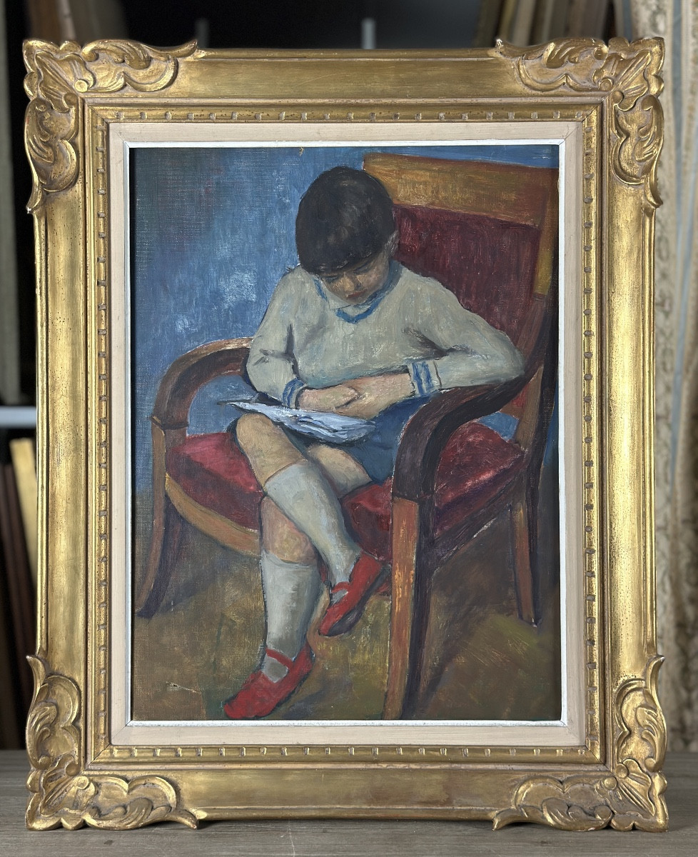 Georges Levy Tableau ancien portrait de petit garçon assis soulier rouge atelier enfant lecture-photo-3