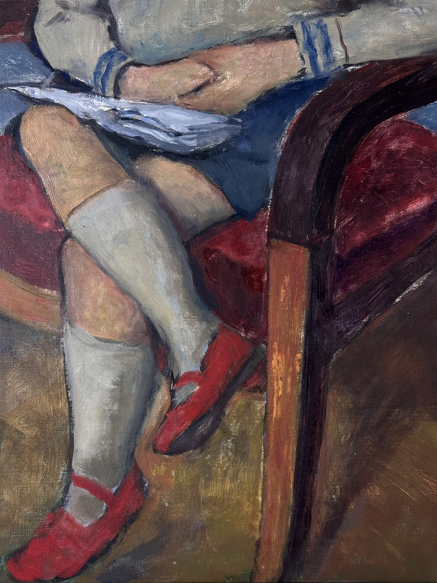 Georges Levy Tableau ancien portrait de petit garçon assis soulier rouge atelier enfant lecture-photo-1