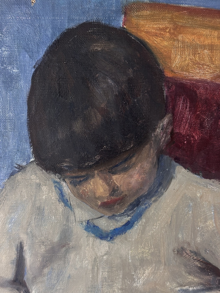 Georges Levy Tableau ancien portrait de petit garçon assis soulier rouge atelier enfant lecture-photo-2