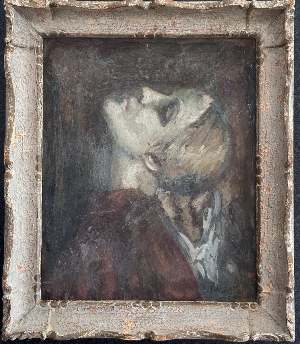 Ivan Kuleff Tableau  art déco Russe  portrait de jeune femme tête levée-photo-2