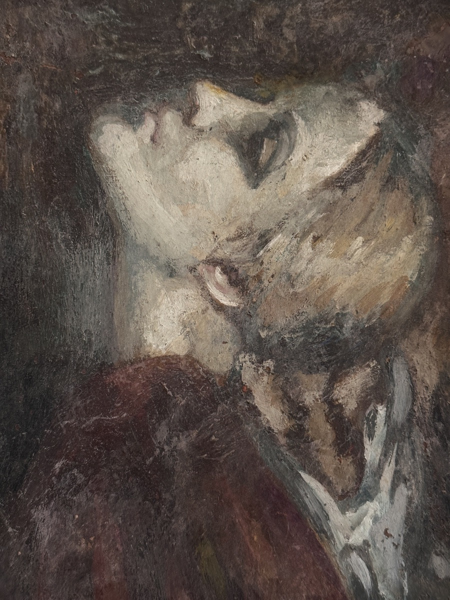 Ivan Kuleff Tableau  art déco Russe  portrait de jeune femme tête levée-photo-1
