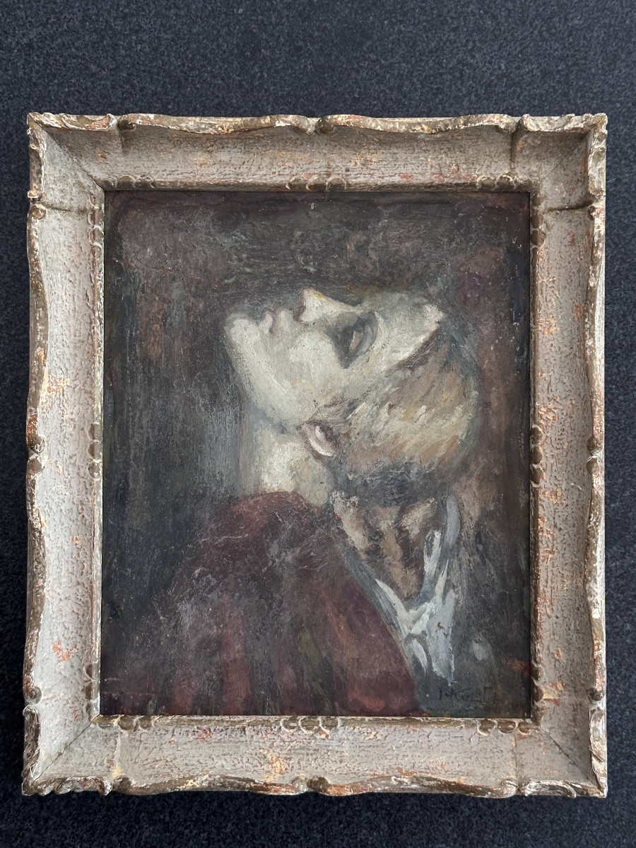 Ivan Kuleff Tableau  art déco Russe  portrait de jeune femme tête levée-photo-6