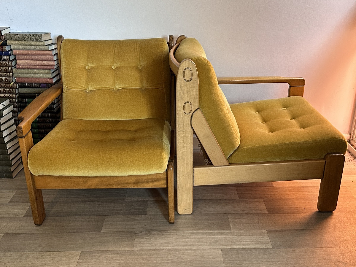 Pair Of 1970s Scandinavian Modular Armchairs Mustard Velvet Vintage Design Chauffeuse-photo-3