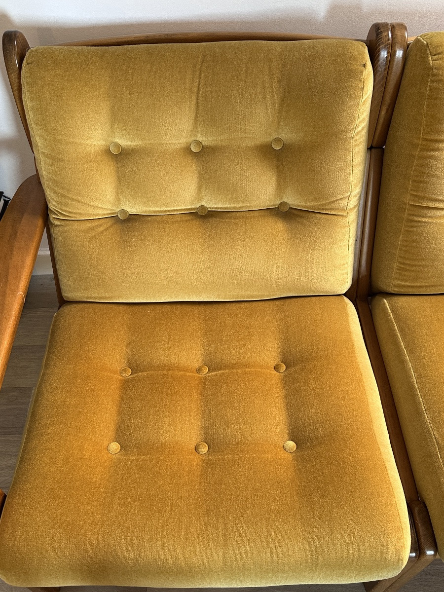 Pair Of 1970s Scandinavian Modular Armchairs Mustard Velvet Vintage Design Chauffeuse-photo-4