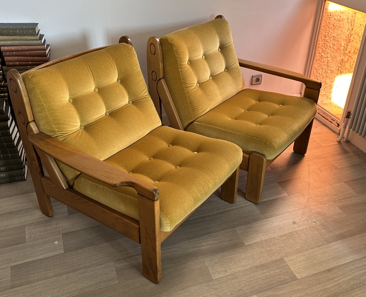 Pair Of 1970s Scandinavian Modular Armchairs Mustard Velvet Vintage Design Chauffeuse