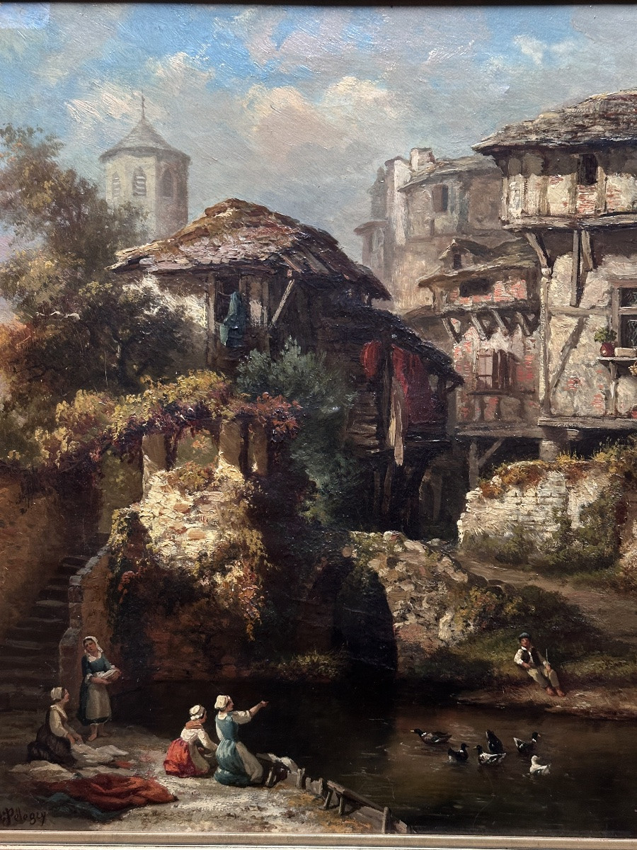 Arsène Pélegry Painting Animated Landscape Portrait Washerwoman Village River Pyrenees Toulouse 19th Century-photo-1