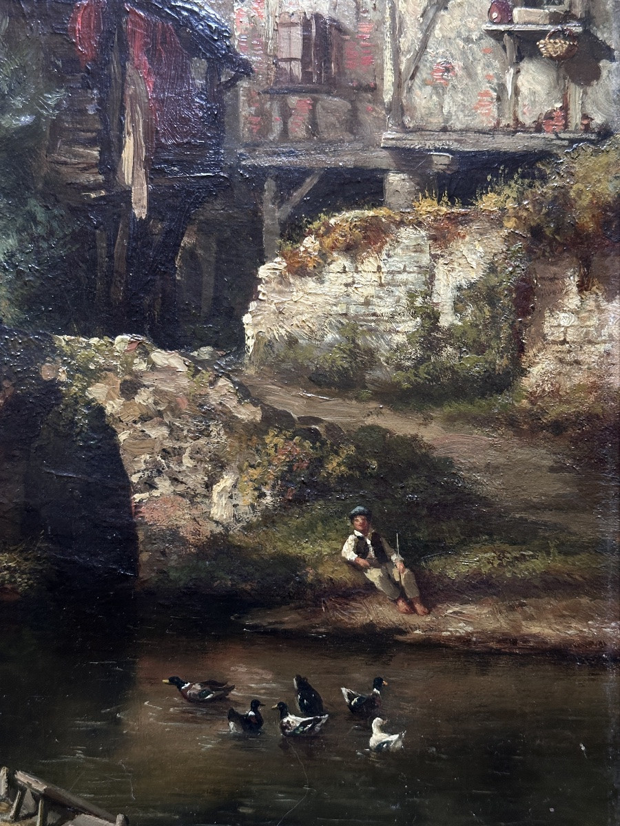 Arsène Pélegry Painting Animated Landscape Portrait Washerwoman Village River Pyrenees Toulouse 19th Century-photo-3