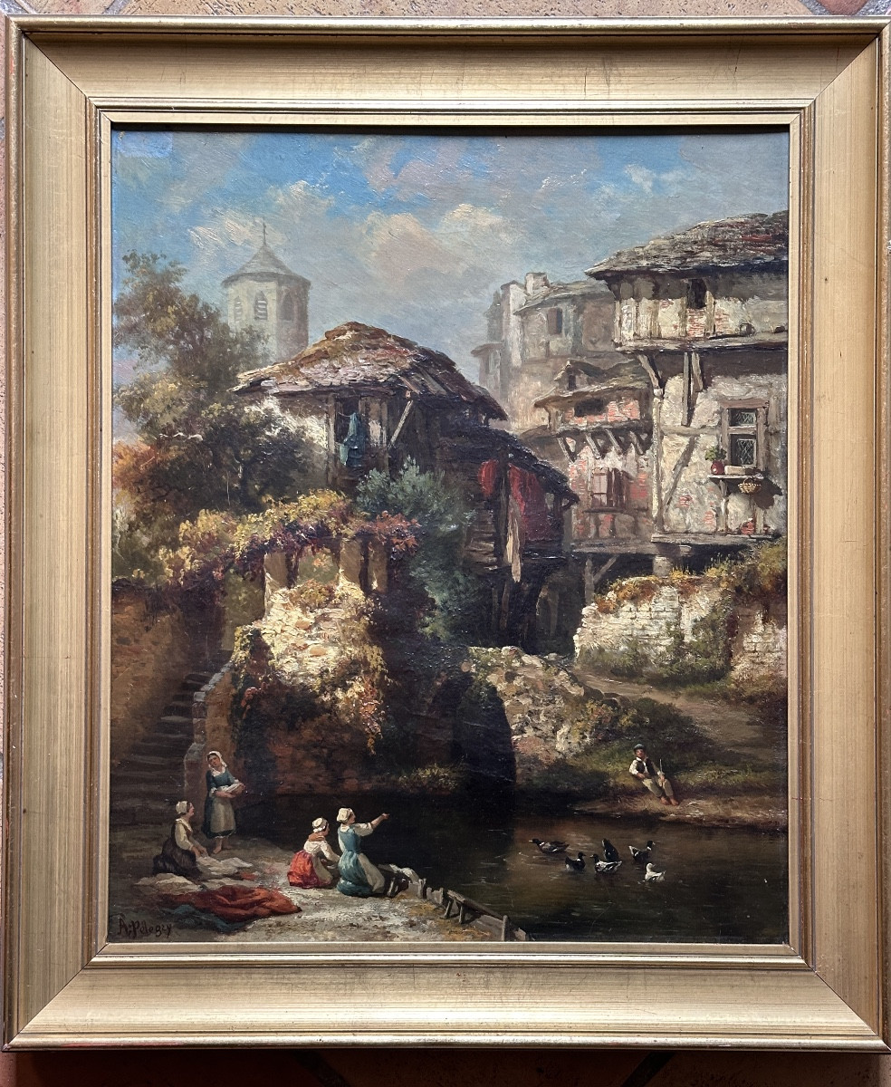 Arsène Pélegry Painting Animated Landscape Portrait Washerwoman Village River Pyrenees Toulouse 19th Century-photo-6