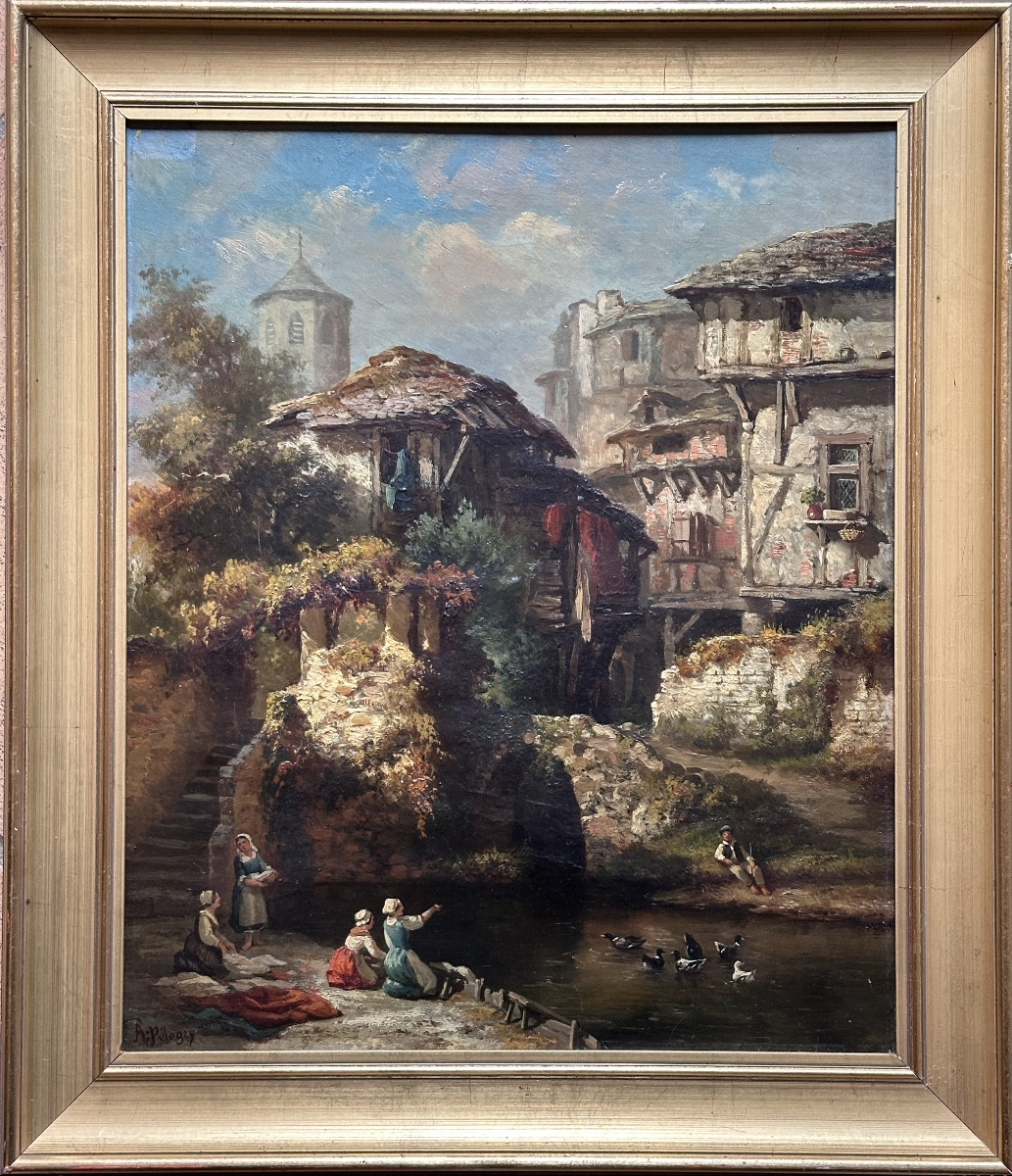 Arsène Pélegry Painting Animated Landscape Portrait Washerwoman Village River Pyrenees Toulouse 19th Century