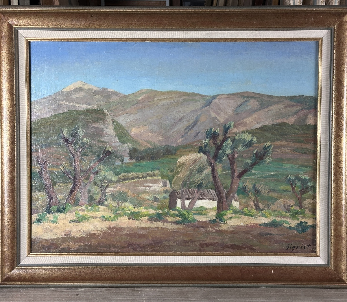 Sigrist Grand tableau paysage provençal Mont Ventoux bergerie Malaucène 