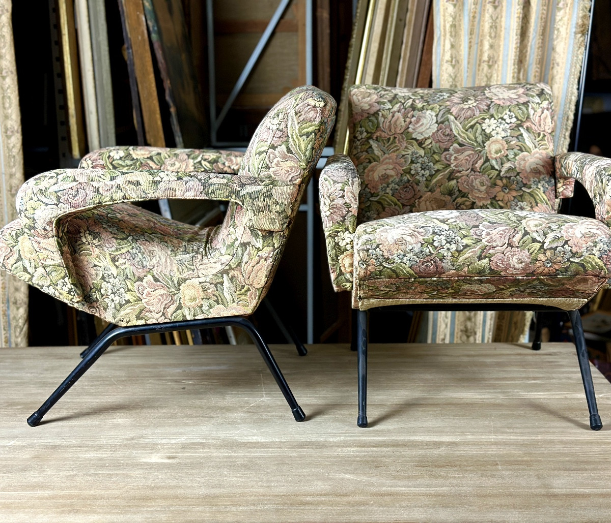 Maurice Cabrol, Pair Of Small Minimalist Armchairs, 1960, Vintage Decor, Black Lacquered
