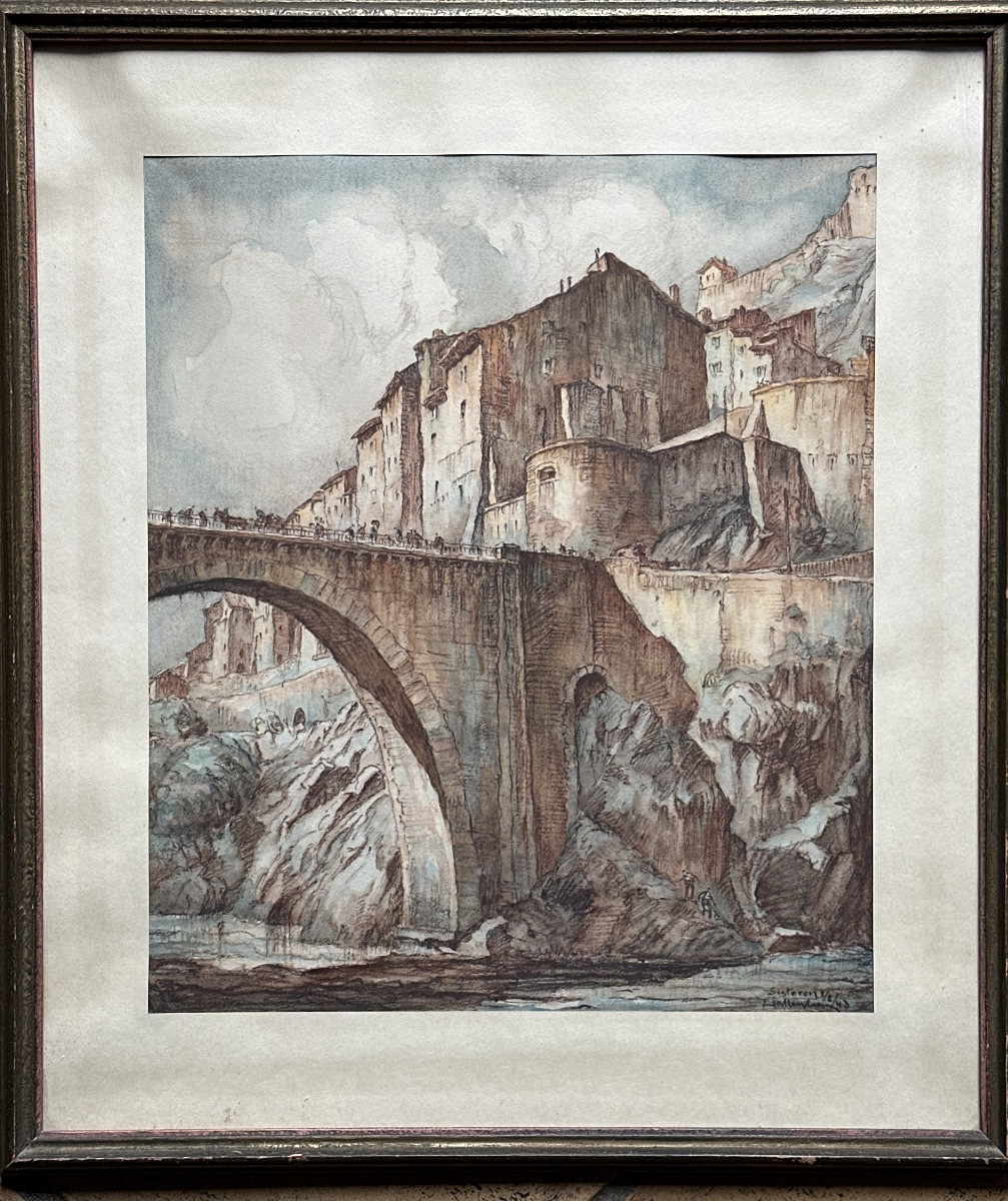 Louis Agricol Montagné Beau dessin paysage Pont  vue de Sisteron Animé aquarelle -photo-2