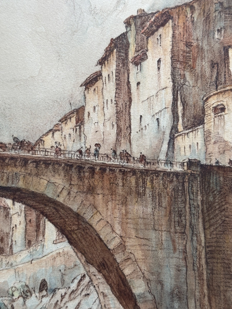 Louis Agricol Montagné Beau dessin paysage Pont  vue de Sisteron Animé aquarelle -photo-2