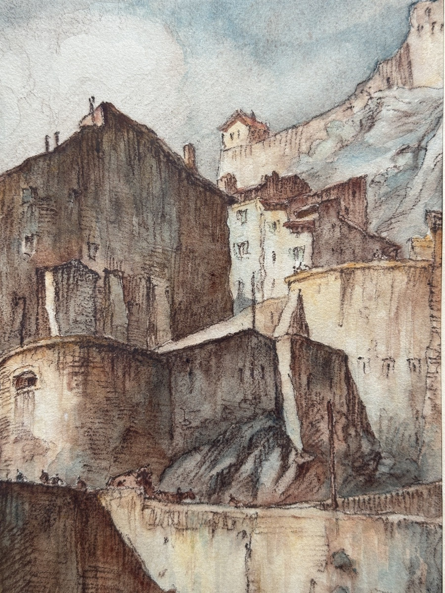 Louis Agricol Montagné Beau dessin paysage Pont  vue de Sisteron Animé aquarelle -photo-3