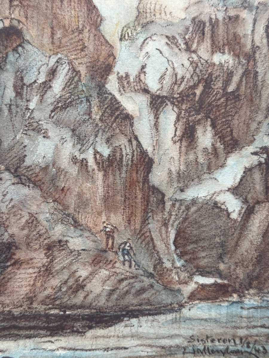 Louis Agricol Montagné Beau dessin paysage Pont  vue de Sisteron Animé aquarelle -photo-4