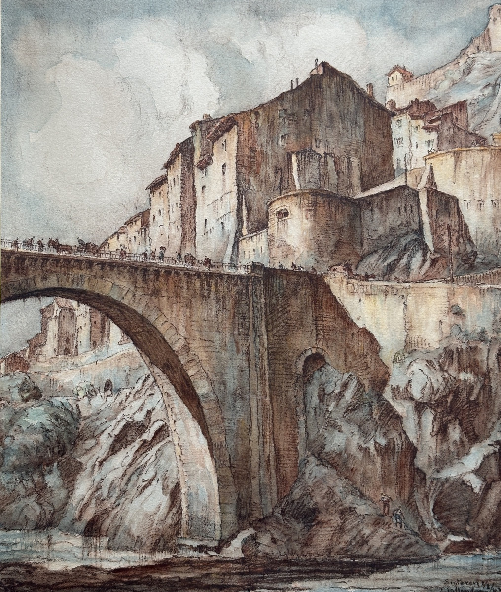 Louis Agricol Montagné Beau dessin paysage Pont  vue de Sisteron Animé aquarelle 