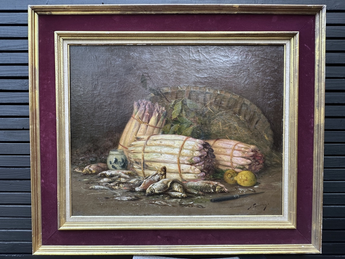 Large Painting Still Life With Asparagus Alfred Tourillon Lagny Group 19th Century-photo-2