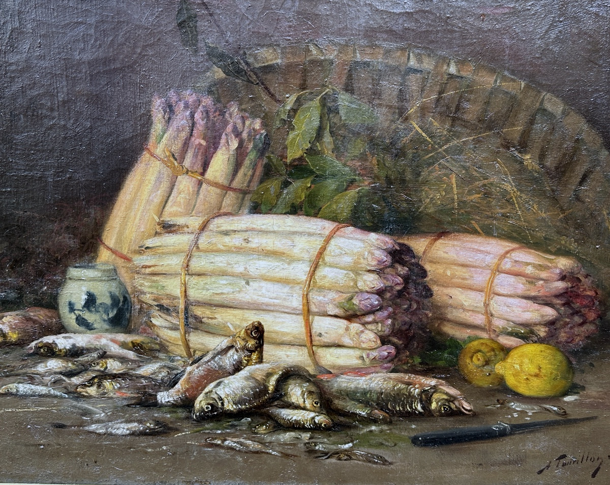 Large Painting Still Life With Asparagus Alfred Tourillon Lagny Group 19th Century-photo-5