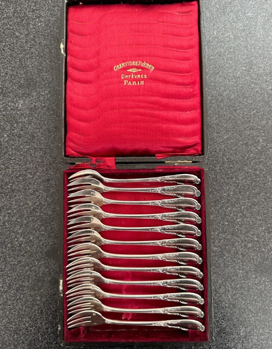 Goldsmith Granvigne Box Table 12 Dessert Forks Solid Silver 19th 303grs-photo-2