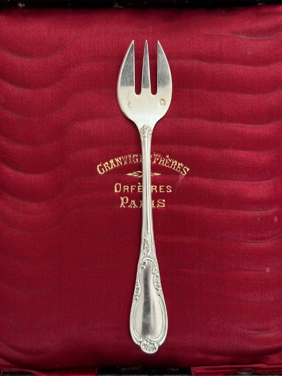 Goldsmith Granvigne Box Table 12 Dessert Forks Solid Silver 19th 303grs-photo-1