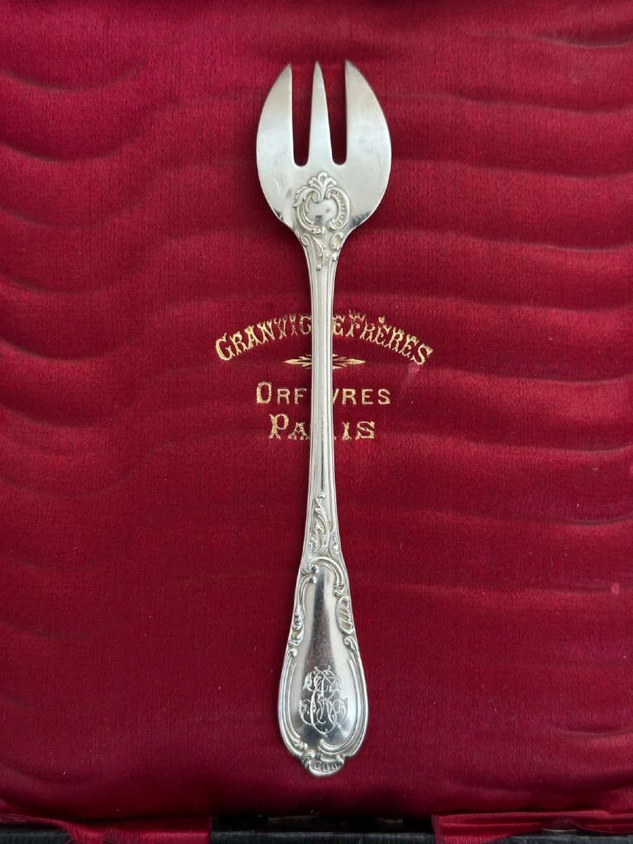 Goldsmith Granvigne Box Table 12 Dessert Forks Solid Silver 19th 303grs-photo-2