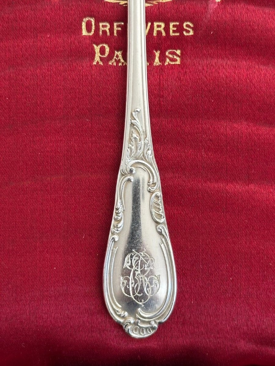 Goldsmith Granvigne Box Table 12 Dessert Forks Solid Silver 19th 303grs-photo-3