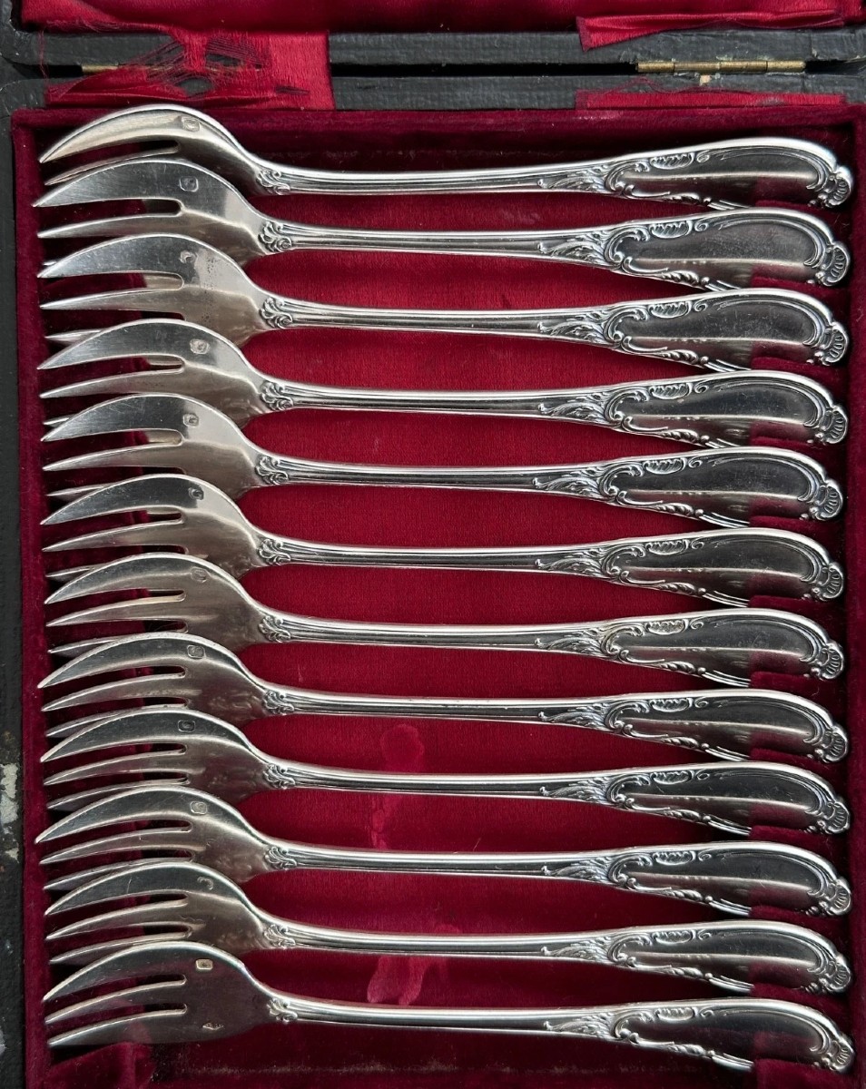 Goldsmith Granvigne Box Table 12 Dessert Forks Solid Silver 19th 303grs