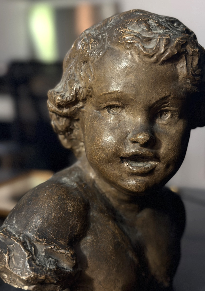 Pierre de Léonard Ancienne sculpture Portrait enfant Amour putto cherub terre cuite décor 19e-photo-2