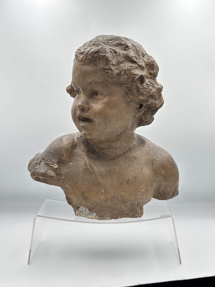 Pierre de Léonard Ancienne sculpture Portrait enfant Amour putto cherub terre cuite décor 19e-photo-5