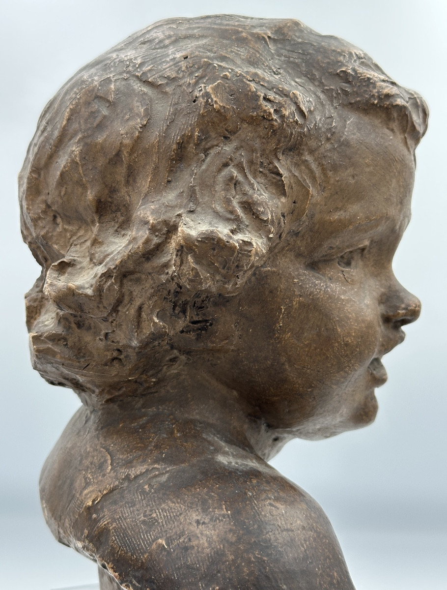 Pierre de Léonard Ancienne sculpture Portrait enfant Amour putto cherub terre cuite décor 19e