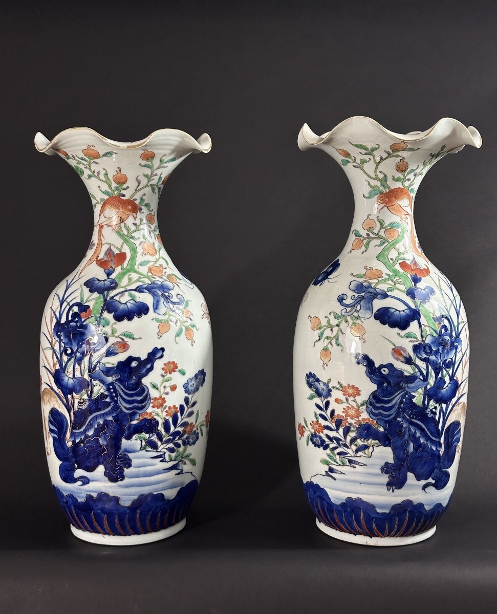 Hichōzan Shinpo Pair Of Large Vases Lions Shishi Imari Japan Arita 19th 50cm Porcelain-photo-4