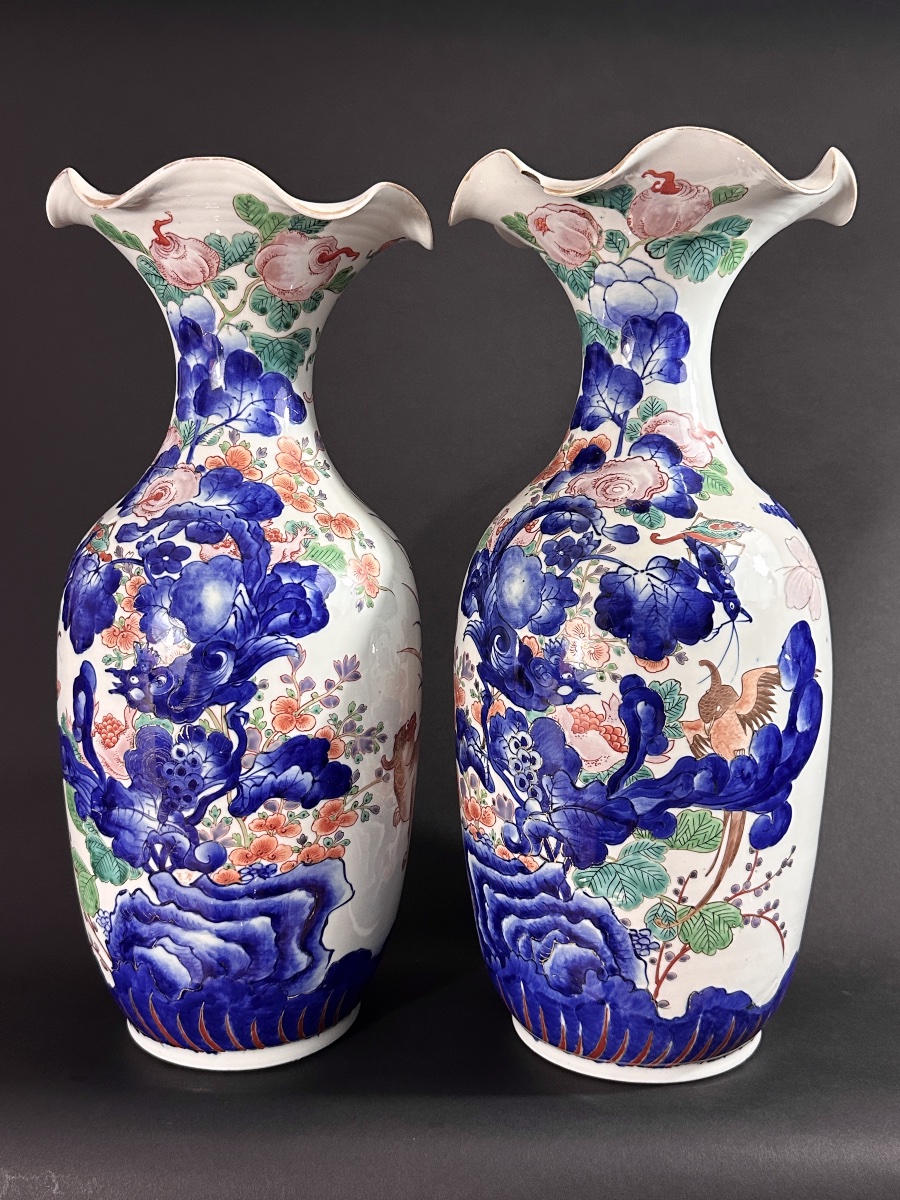 Hichōzan Shinpo Pair Of Large Vases Lions Shishi Imari Japan Arita 19th 50cm Porcelain-photo-5