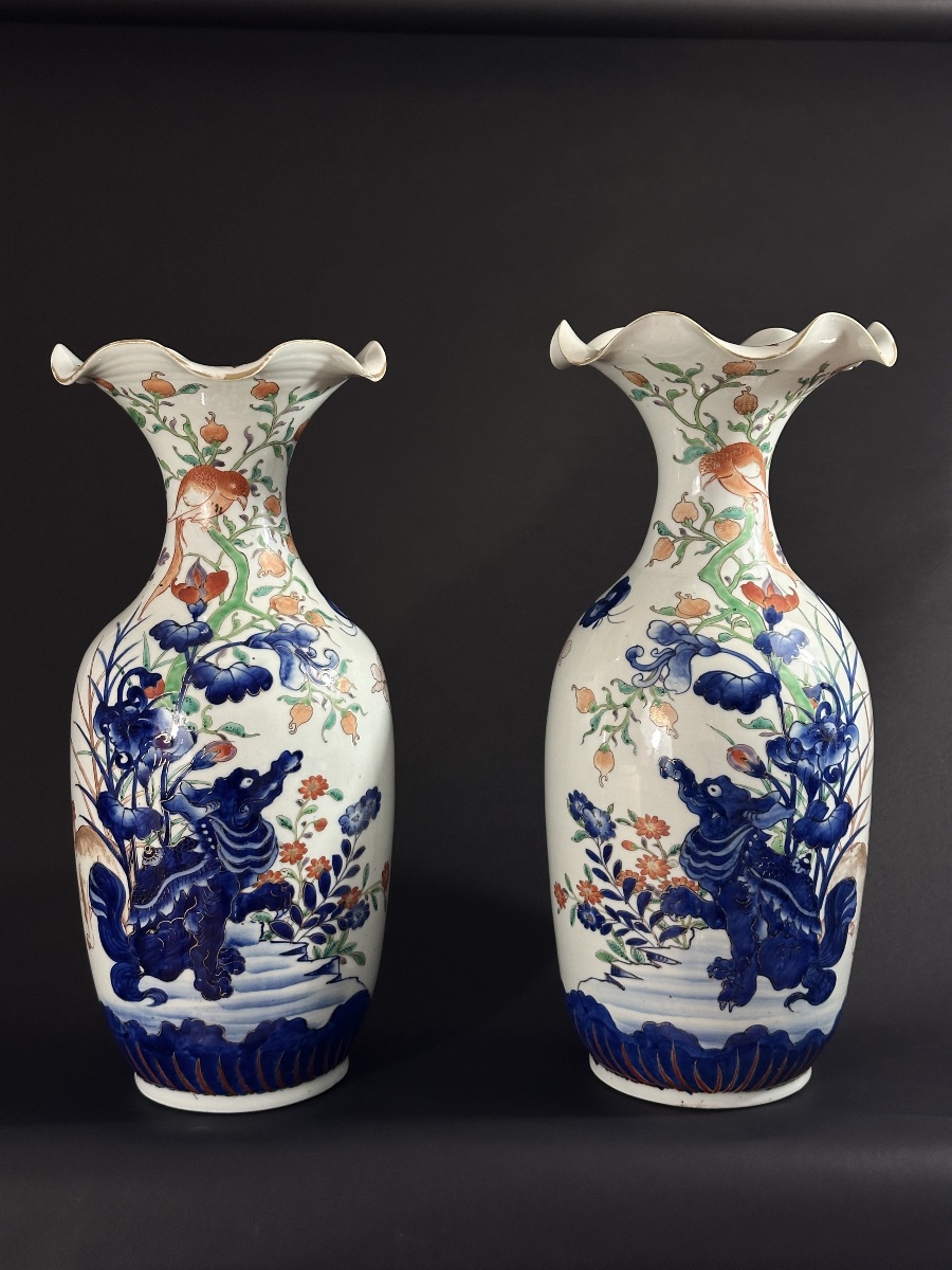 Hichōzan Shinpo Pair Of Large Vases Lions Shishi Imari Japan Arita 19th 50cm Porcelain-photo-7