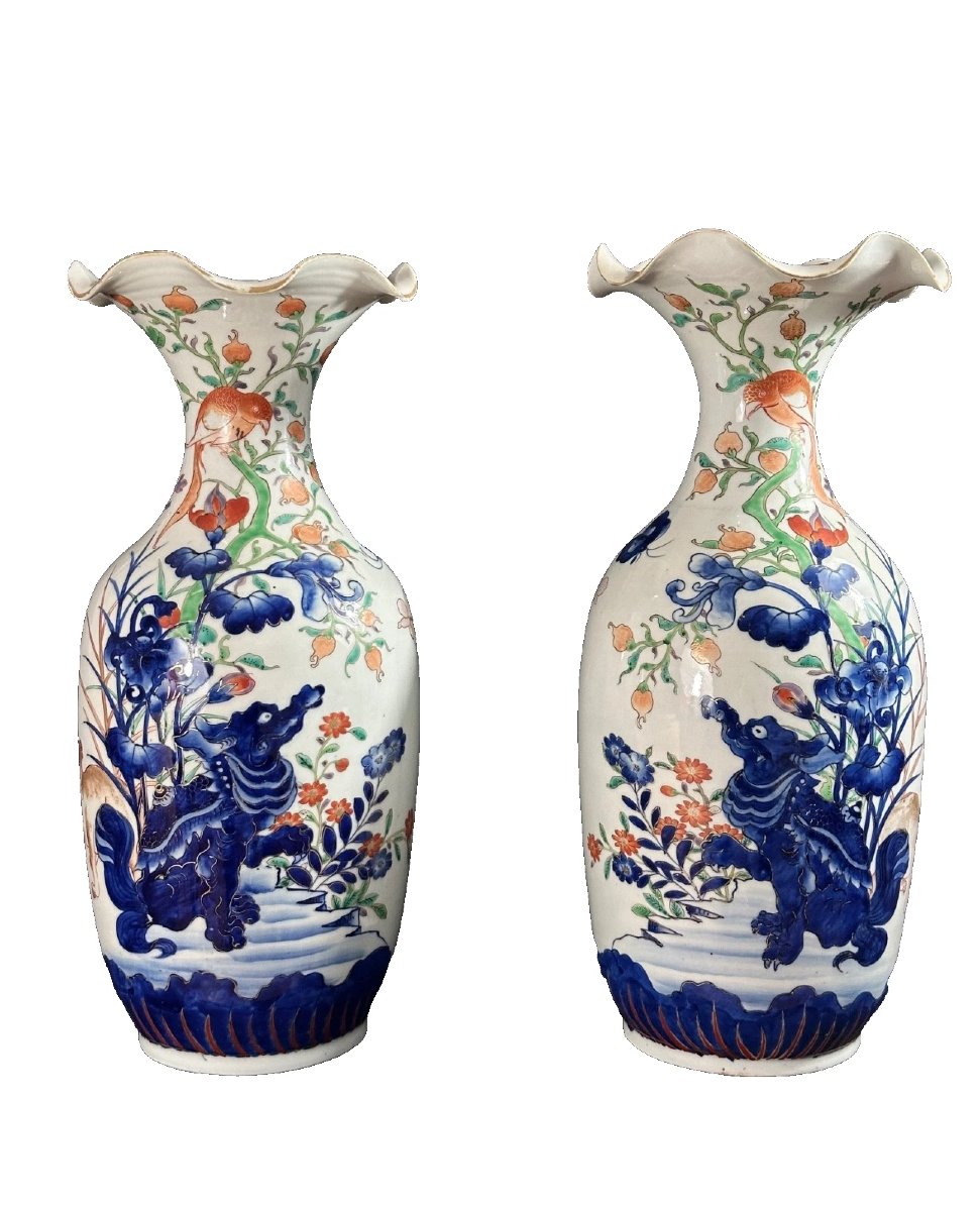 Hichōzan Shinpo Pair Of Large Vases Lions Shishi Imari Japan Arita 19th 50cm Porcelain