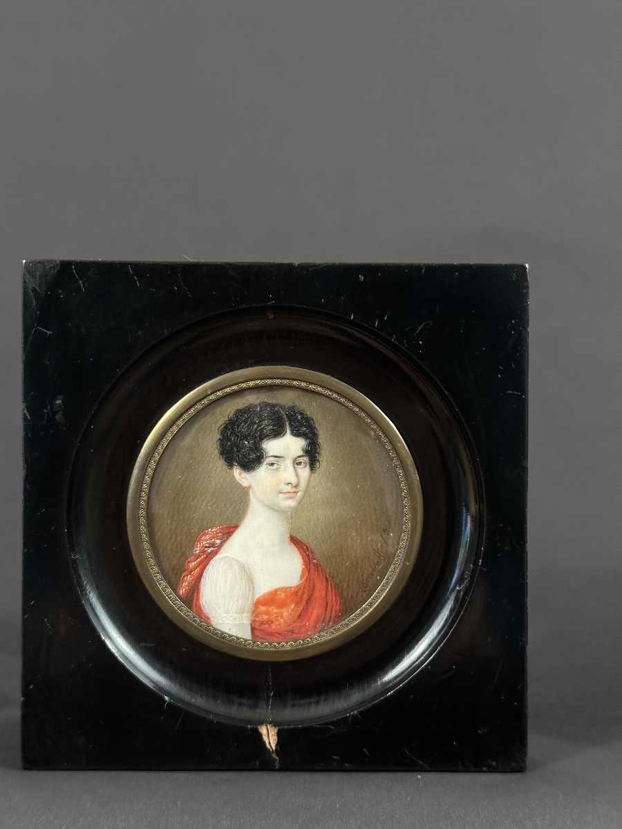 Giuseppe Locatelli Miniature Portrait Young Woman Red Dress Antique Italy 18th Century-photo-2