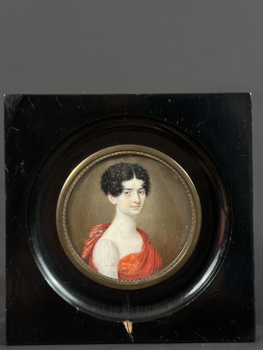 Giuseppe Locatelli Miniature Portrait Young Woman Red Dress Antique Italy 18th Century-photo-3