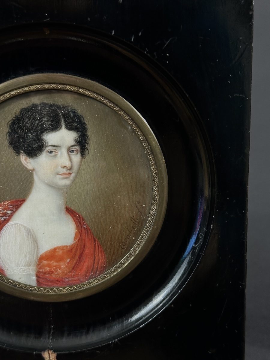 Giuseppe Locatelli Miniature Portrait Young Woman Red Dress Antique Italy 18th Century-photo-1