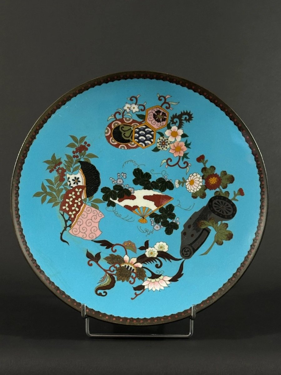 Grand plat Japon fond bleu turquoise éventail fleurs émail cloisonné écaille 19e-photo-2