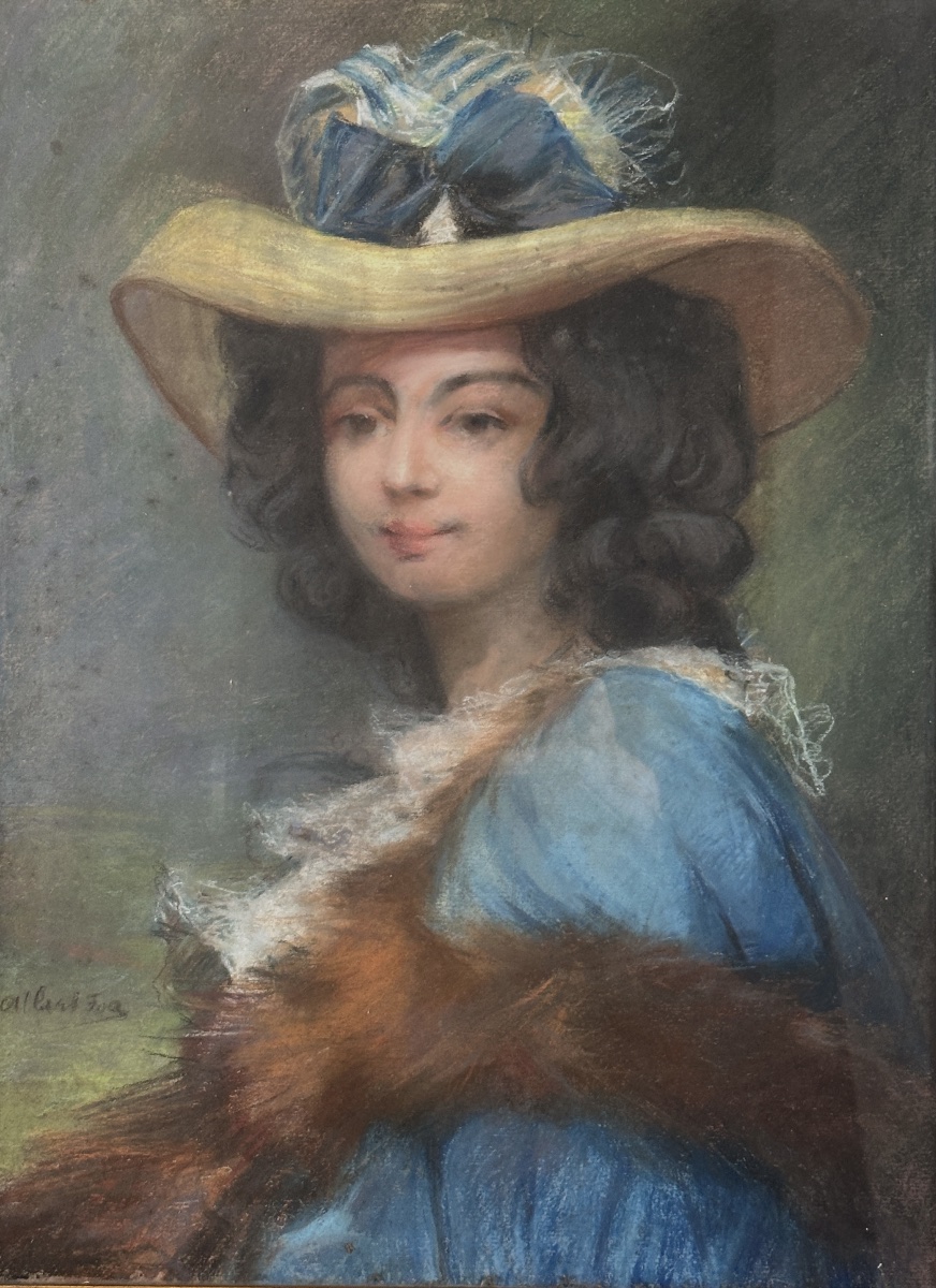 Albert Foa Painting Portrait Of Young Woman With Straw Hat And Blue Ribbon Marseille-photo-2