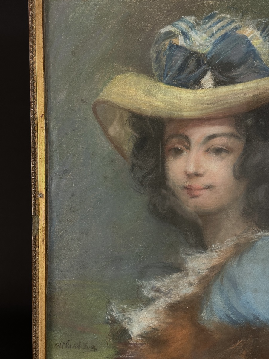 Albert Foa Painting Portrait Of Young Woman With Straw Hat And Blue Ribbon Marseille-photo-3