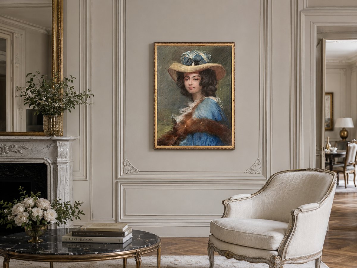 Albert Foa Painting Portrait Of Young Woman With Straw Hat And Blue Ribbon Marseille-photo-1