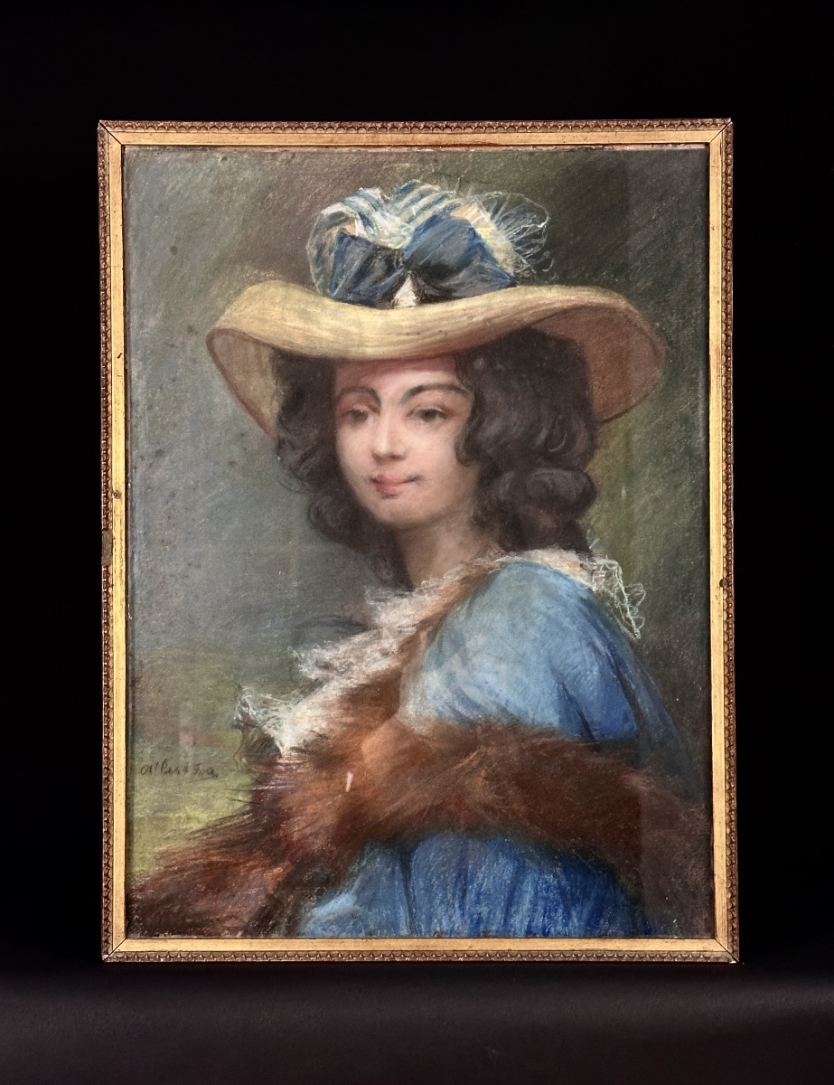 Albert Foa Painting Portrait Of Young Woman With Straw Hat And Blue Ribbon Marseille