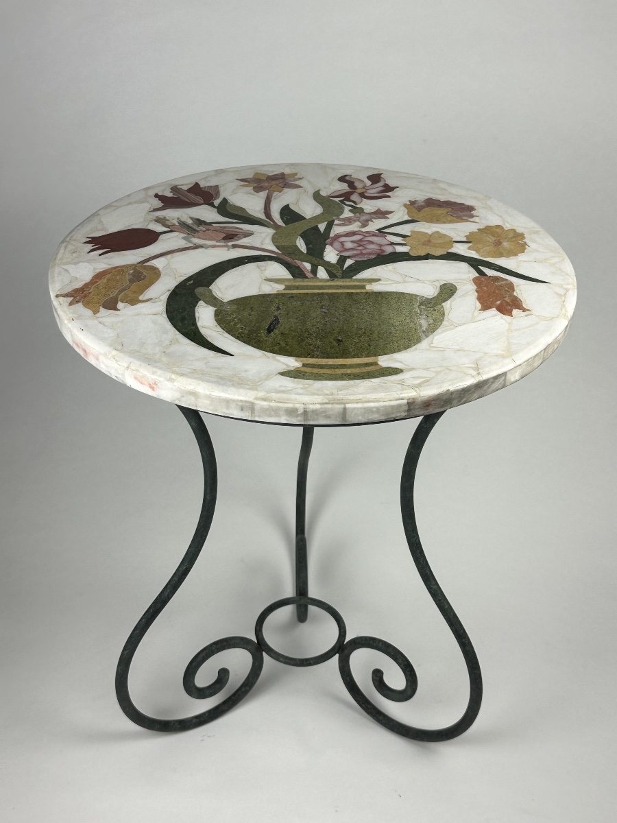 Table guéridon marqueterie Marbre fer forgé Rome pierre dure Scagliola décor Antique Italie -photo-2