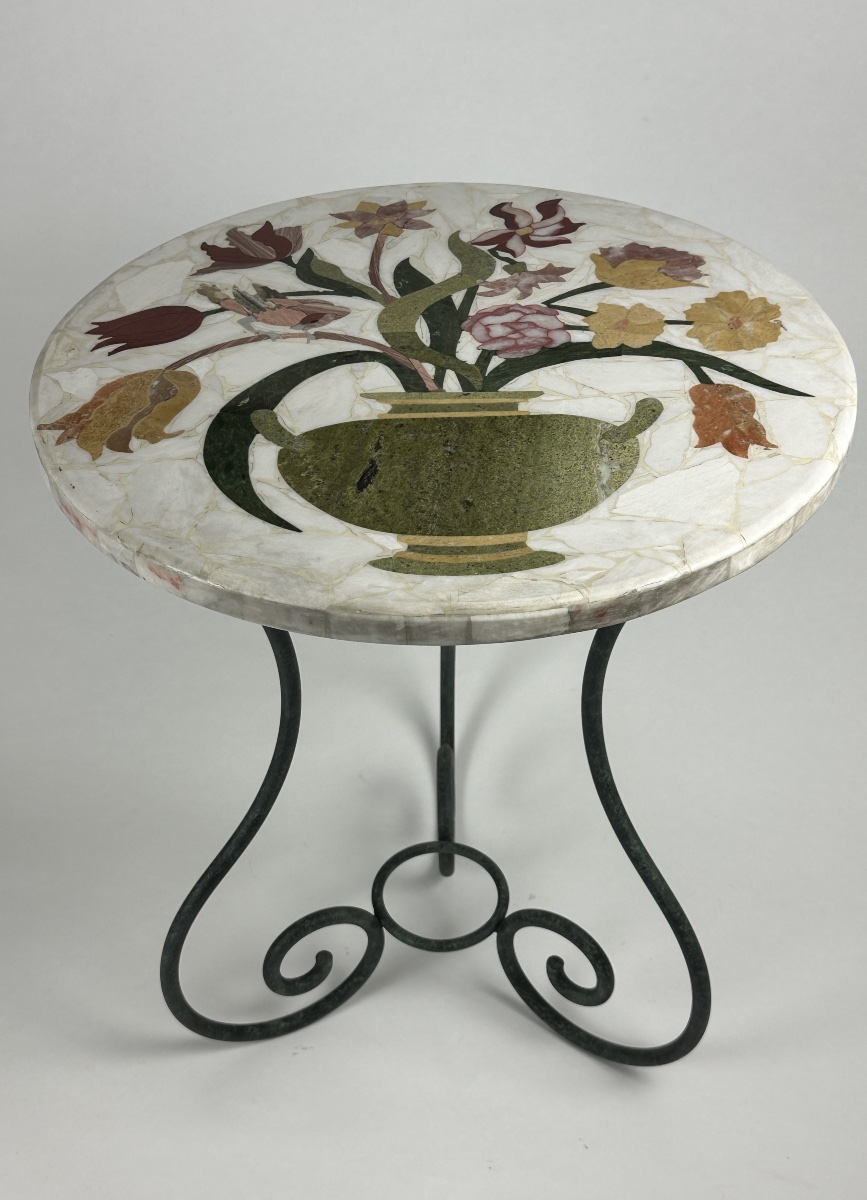 Table guéridon marqueterie Marbre fer forgé Rome pierre dure Scagliola décor Antique Italie -photo-3